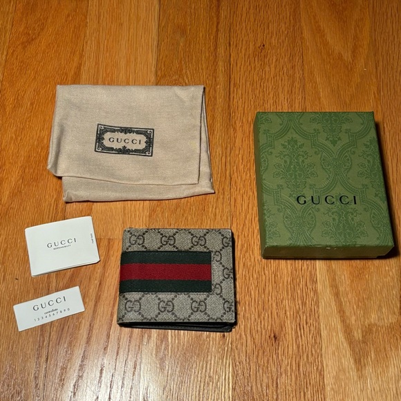 Gucci Other - Gucci Men's GG Supreme Canvas Bifold Wallet in Beige with Green/Red Stripe